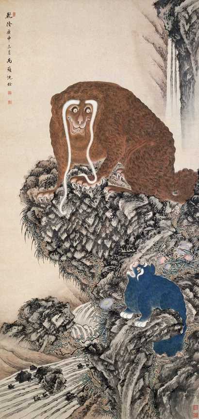 沈铨 1740年作 太狮少狮 立轴